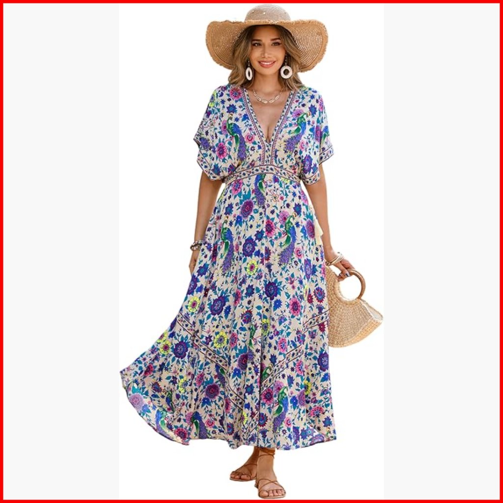 Summer Floral Midi Dress V-Neck Rayon Casual Beach Boho